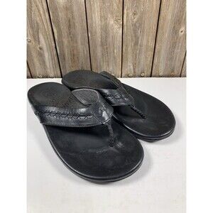 OluKai Honoli'i Men's Leather Flip Flops Sandals Black Shoe Size 10 US